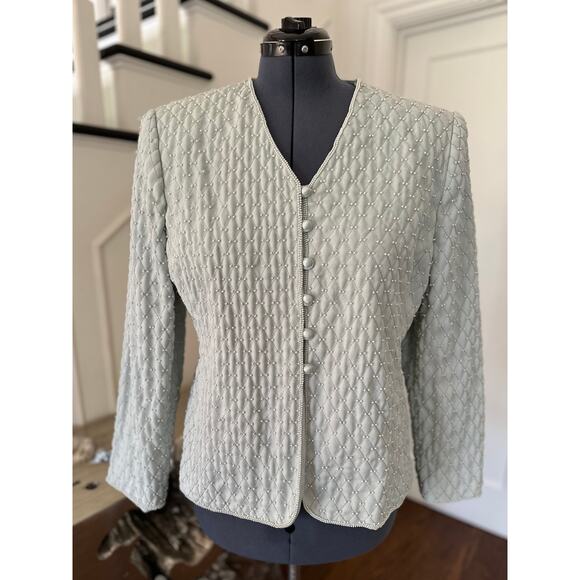 Quilted Jacket Mint Pearl Wedding Guest Church Modest Special Occasion Costume - Picture 4 of 13